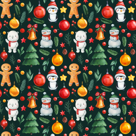 Seamless watercolor painted, snowman, gingerbread, polar bear, penguin for holiday designs. Dark backgroundの写真素材