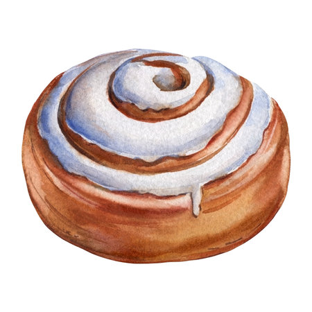 Delicious sweet Cinnamon bun on isolated white background. drawn in watercolor for food design, hand-painted Dessertの写真素材