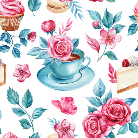 Blue cup with saucer with flowers, cupcake, cheesecake, macaroon. Watercolor seamless pattern with roses and sweetsの写真素材