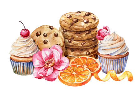 Composition with homemade cookies, orange slices, cupcake and pink flower. Cozy holiday treats for festive, designs cardの写真素材