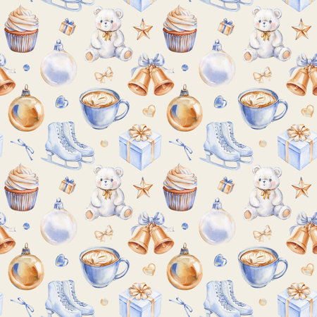 Seamless holiday pattern white bear, bells, bow, skates, coffee cup, cupcake. Christmas ornaments hand-drawn watercolorの写真素材