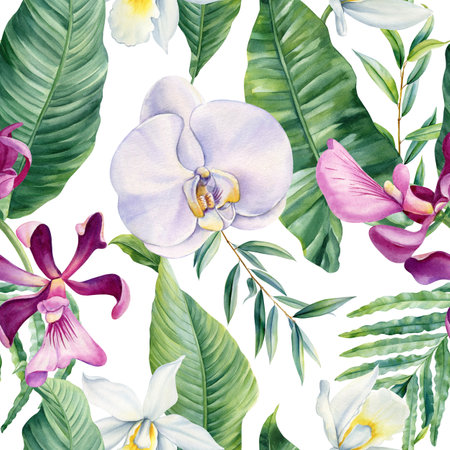seamless floral pattern orchid flower tropical greenery watercolor exotic botanical design textiles wrapping paper printの写真素材