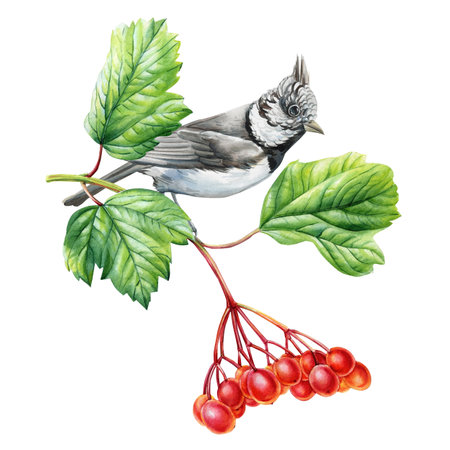 spring forest bird sitting on a branch with red berries is drawn in watercolor. Tufted titmouse on a viburnum branchの写真素材