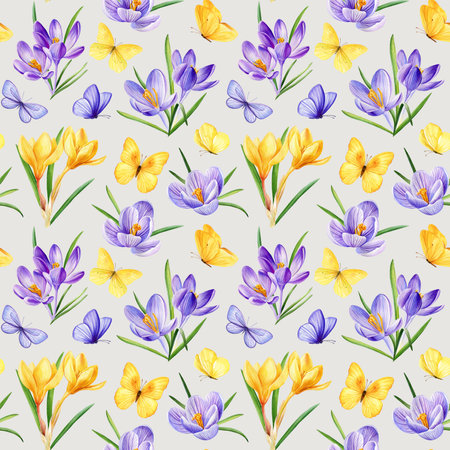 seamless pattern with blooming flower, watercolor crocus, spring flowers for decorating textiles, packaging, wallpaperの写真素材
