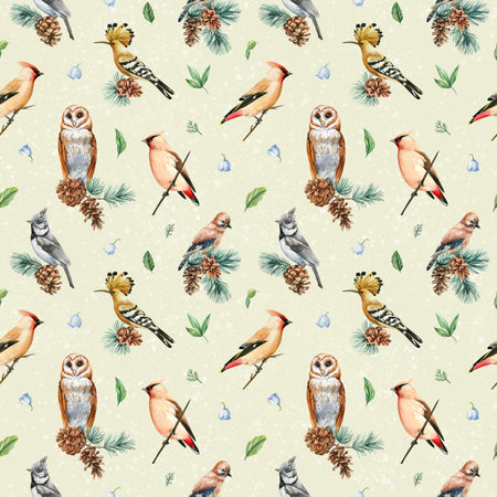 watercolor seamless pattern with owls, birds, pine cones, green branches and flowers for woodland decor, textile, fabricの写真素材