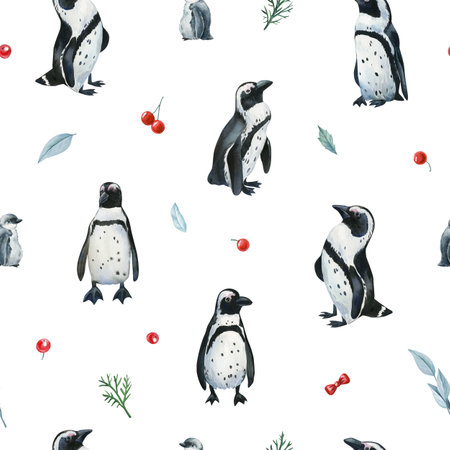 watercolor seamless pattern with penguins, red berries and green leaves, background winter decor, wrapping and fabricの写真素材