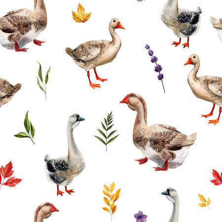 watercolor seamless pattern with geese, flowers, leaves. Nature background for fabric, wrapping, textile, art wallpaperの写真素材