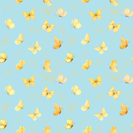 watercolor seamless pattern yellow butterflies and golden glitter, hand painted butterfly illustration blue backgroundの写真素材