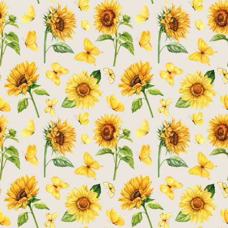 sunflowers and yellow butterflies seamless pattern, watercolor hand painted floral design with green leaves yellow floraの写真素材