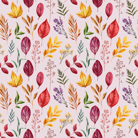 autumn botanical seamless pattern with red yellow leaves and dry branch watercolor hand painted fall foliage backgroundの写真素材