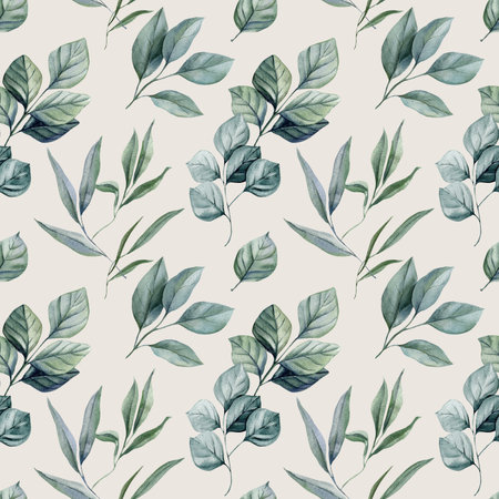 watercolor seamless pattern with green tropical leaves on white background hand painted botanical foliage illustrationの写真素材