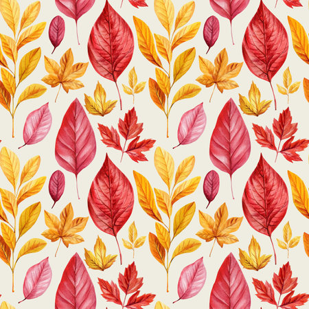 watercolor seamless pattern with red and yellow autumn leaves hand painted fall foliage illustration on white backgroundの写真素材