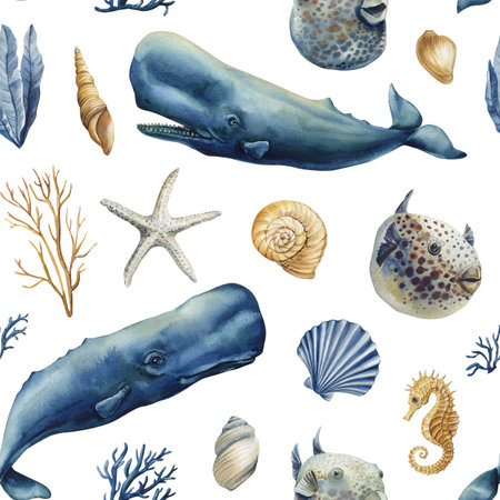 watercolor seamless pattern sperm whales starfish blowfish seahorse seashells, coral marine animals illustration designの写真素材