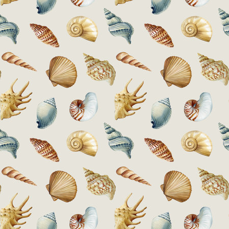watercolor seamless pattern with sea shells spiral conch clam underwater ocean elements for summer beach, coastal designの写真素材