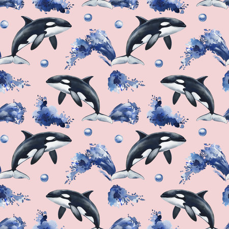 Orcas blue splashes and ocean bubbles on white background for marine life, animal design. Watercolor seamless patternの写真素材