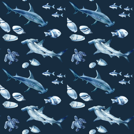 Watercolor seamless pattern. Hammerhead sharks fish shells and turtle in blue ocean theme for tropical sea life designの写真素材