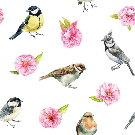 garden birds and pink camellia flowers, spring bird collection on floral background watercolor seamless patternの写真素材