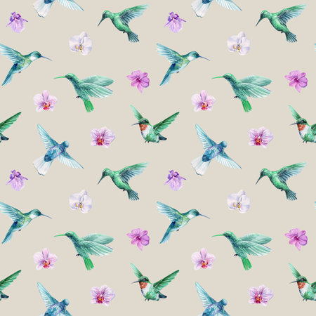 watercolor seamless pattern with hummingbirds and tropical orchids, exotic birds and purple flowers on beige backgroundの写真素材