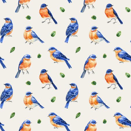 watercolor seamless pattern with bluebirds green leaves, spring forest birds illustration, orange blue birds wallpaperの写真素材