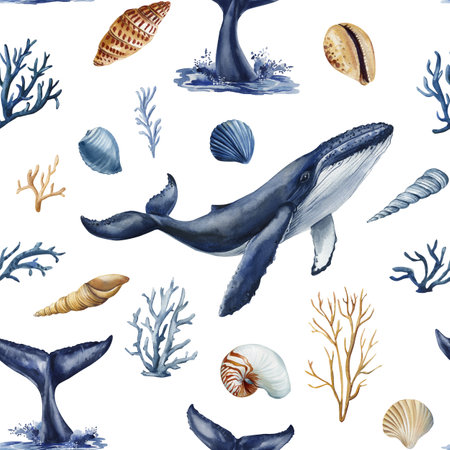 watercolor seamless pattern with whales tails seashells, coral underwater ocean marine animals illustration sea designの写真素材