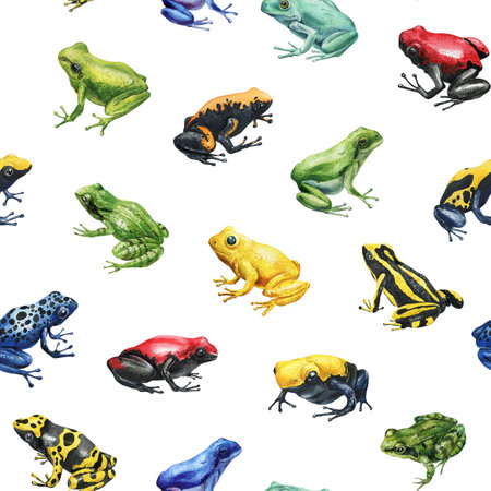 colorful watercolor seamless pattern with different tropical frogs on white background for wildlife and nature designの写真素材
