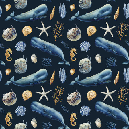 watercolor seamless pattern ocean animals dolphin whale shark orca manatee narwhal, seashells marine underwater designの写真素材