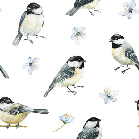 Seamless pattern with chickadee birds and spring flowers, black and white wild bird illustration on white backgroundの写真素材