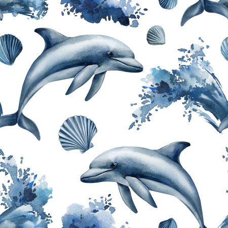 Seamless watercolor pattern. Dolphins seashells ocean waves blue colors for tropical sea life underwater animal designの写真素材