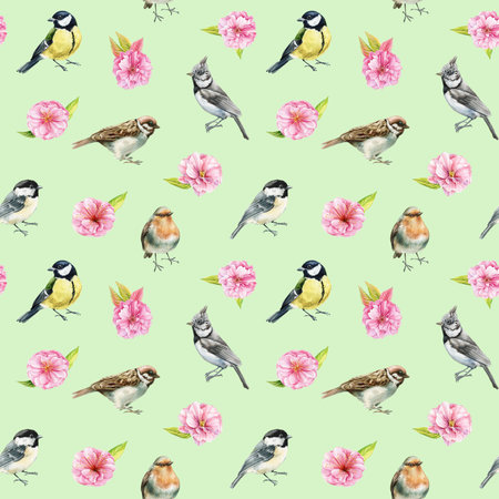 garden birds and pink camellia flowers, spring bird collection on floral background watercolor seamless patternの写真素材