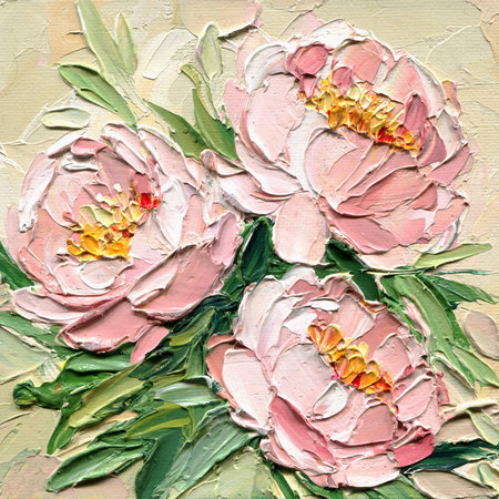 Pink peony flowers on beige background, delicate romantic floral textured canvas art. Soft pastel impasto oil paintingの写真素材