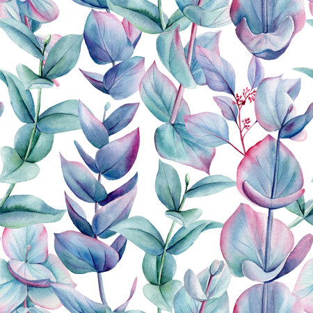 Watercolor eucalyptus seamless pattern with blue green and violet branches and leaves on white background hand drawn plantsの写真素材