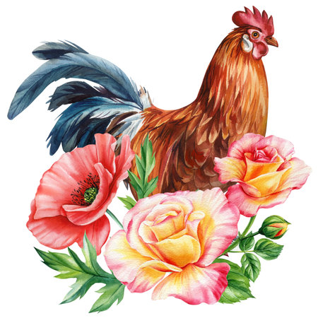 Brown rooster with yellow and pink roses watercolor farm animal and floral composition for rustic country home decor posterの写真素材