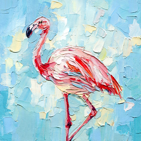 pink flamingo impasto oil painting on light blue background exotic tropical bird textured canvas modern wildlife wall art decorの写真素材