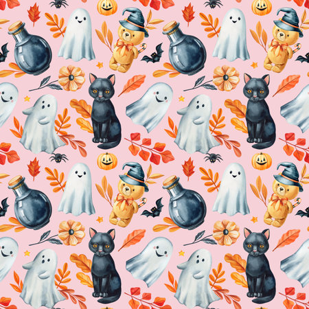 Black cat ghost teddy bear pumpkin and potion bottle watercolor seamless pattern with autumn leaves for designの写真素材