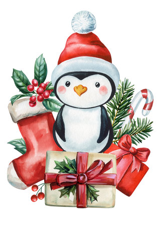 Watercolor penguin in red hat with gifts candy cane holly leaves berries and stocking cute winter illustration for festive decorの写真素材