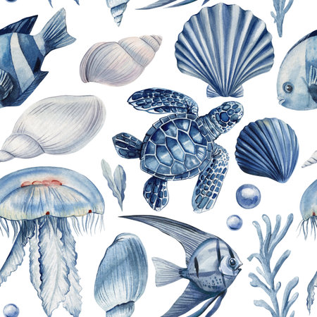 Blue sea turtle jellyfish seashell watercolor marine seamless pattern with coral and ocean fish for coastal summer designの写真素材