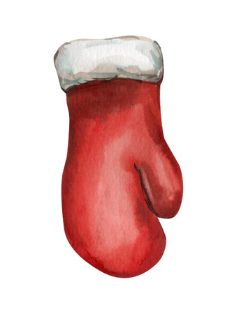 Watercolor red mitten with white fur trim cozy winter accessory illustration for festive holiday decor and seasonal designの写真素材