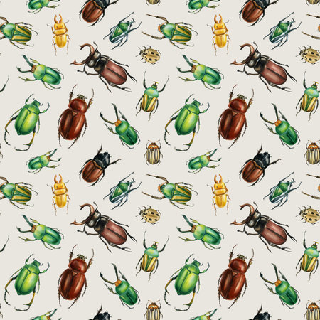 Watercolor beetle pattern with scarab stag rhinoceros and striped beetles on beige background for textile and wallpaperの写真素材