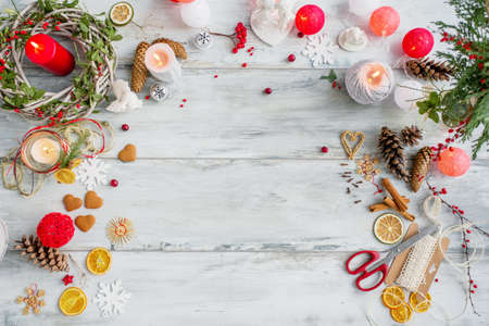 Table top for Christmas present preparationの写真素材