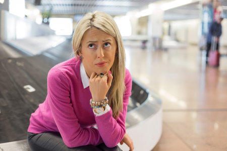 Frustrated woman lost her luggage in airport