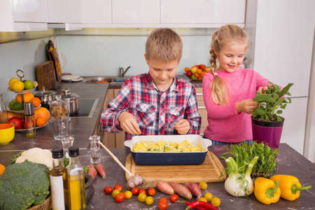 Siblings cooking in kitchenの写真素材