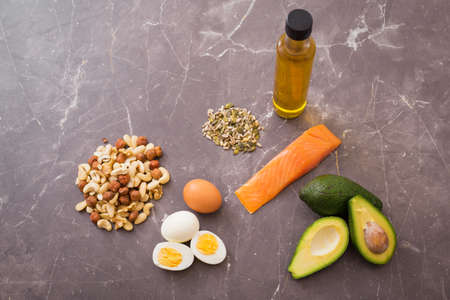 Source of protein and fats on kitchen tableの写真素材