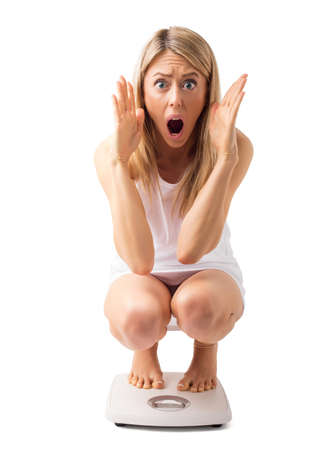 Woman in horror about her weightの写真素材