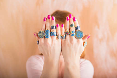 Woman showing her beautiful ringsの写真素材