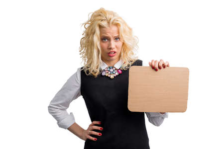frustrated woman holding cardboadの写真素材