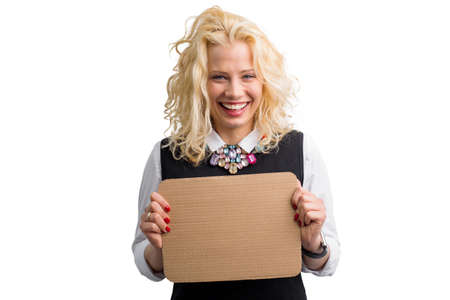 Happy woman holding cardboardの写真素材