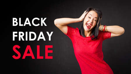 Black Friday Sale Poster with Woman Screaming in Red Dressの写真素材