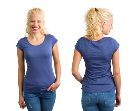 Woman in blue round neck T-shirtの写真素材