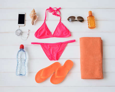 Flat lay items for sunbathingの写真素材