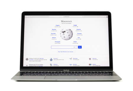 RIGA, LATVIA - February 06, 2017:Wikipedia is a free encyclopedia on 12-inch Macbook laptop computer.のeditorial素材